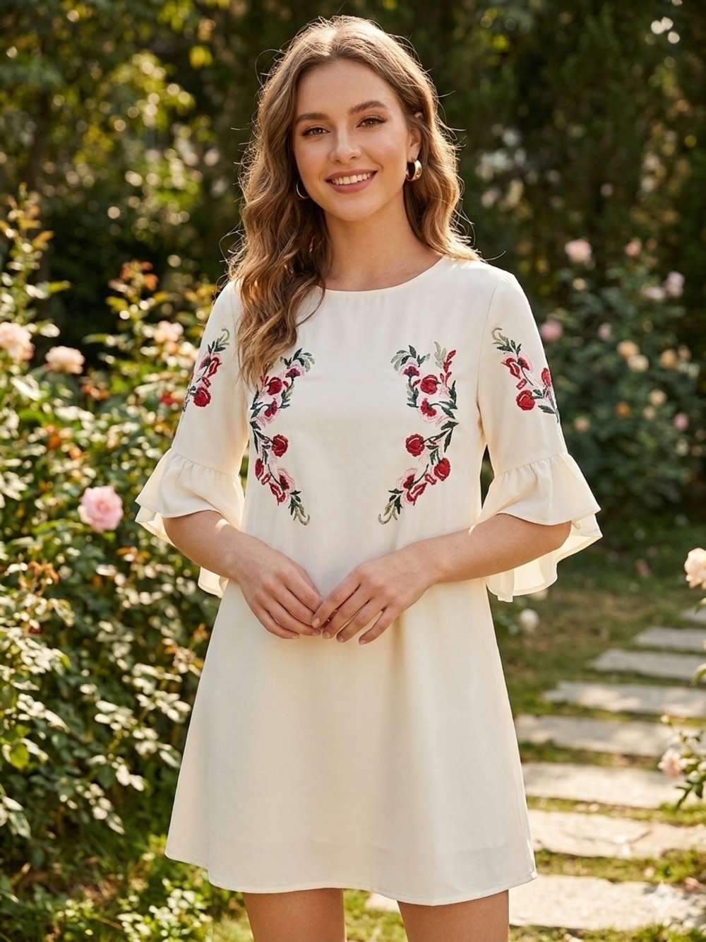 Cream Mini Dress with Red Floral Embroidery and Ruffle Sleeves